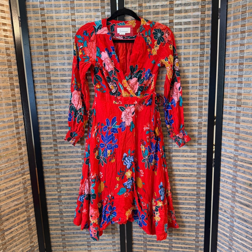 Anthropologie Wrap Dress Women 2 Red Floral Midi Ruffle Long Sleeve Boho Pockets